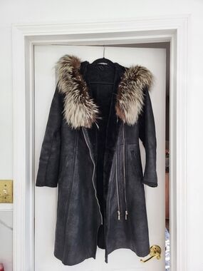 Black Shearling Coat with Fox  Fur Trim Hood - Women's Jacket.